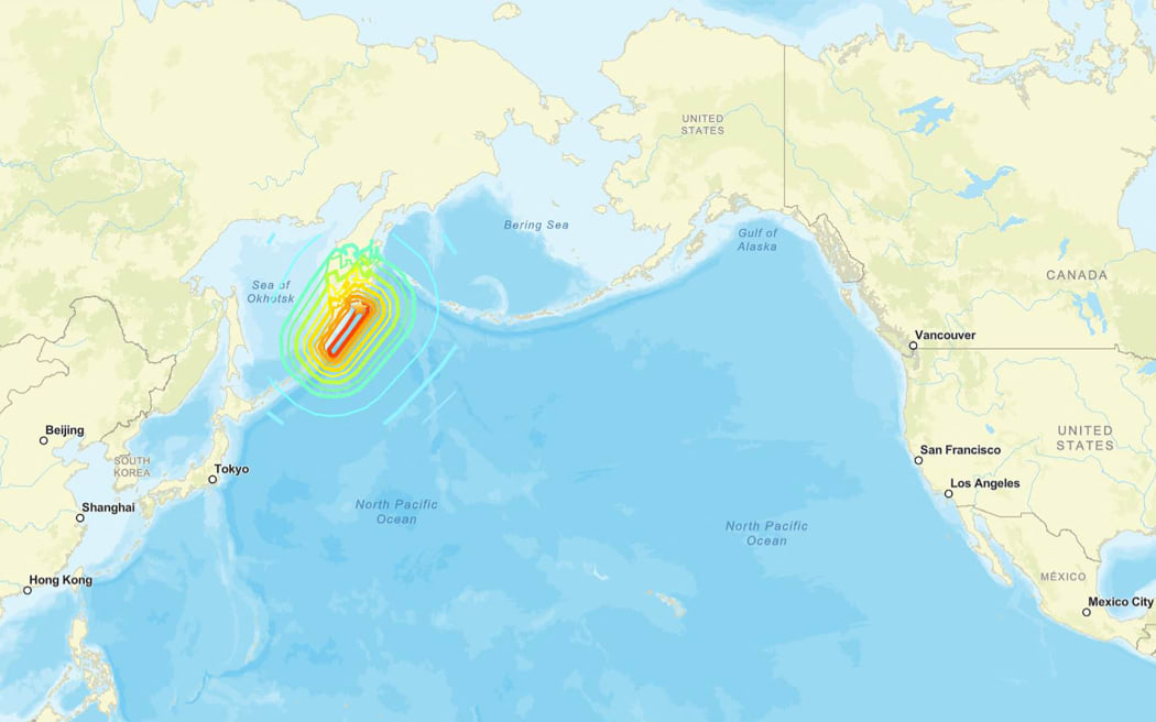 This image courtesy of the US Geological Survey (USGS) shows the epicenter of an 8.7 earthquake that hit off of Russia's far east on July 30, 2025. One of the strongest earthquakes ever recorded struck Russia's sparsely populated Far East early July 29, 2025, causing tsunamis of up to four metres (12 feet) across the Pacific and sparking evacuations from Hawaii to Japan. The magnitude 8.8 quake struck at 8:24 am (2304 GMT Tuesday) off Petropavlovsk on Russia's remote Kamchatka peninsula and was one of the 10 biggest recorded, according to the USGS. (Photo by US Geological Survey / AFP) / RESTRICTED TO EDITORIAL USE - MANDATORY CREDIT "AFP PHOTO / US GEOLOGICAL SURVEY (USGS) " - NO MARKETING - NO ADVERTISING CAMPAIGNS - DISTRIBUTED AS A SERVICE TO CLIENTS