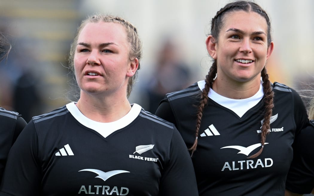 Hannah King, Amy Rule  and Georgia Ponsonby of the Black Ferns during the anthems at the  womens rugby match, New Zealand Black Ferns  v Canada at Apollo Projects Stadium, Christchurch, New Zealand, 17th May 2025. Copyright photo: John Davidson / www.photosport.nz