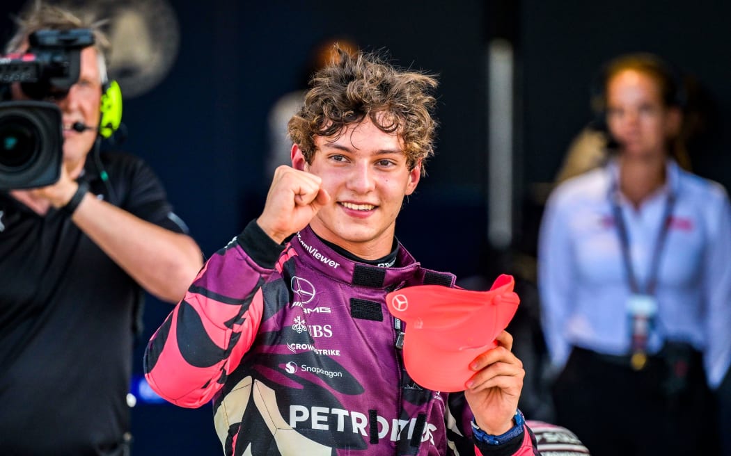 Italian F1 driver Kimi Antonelli celebrating his first pole position during the Formula 1 Miami Grand Prix 2025.