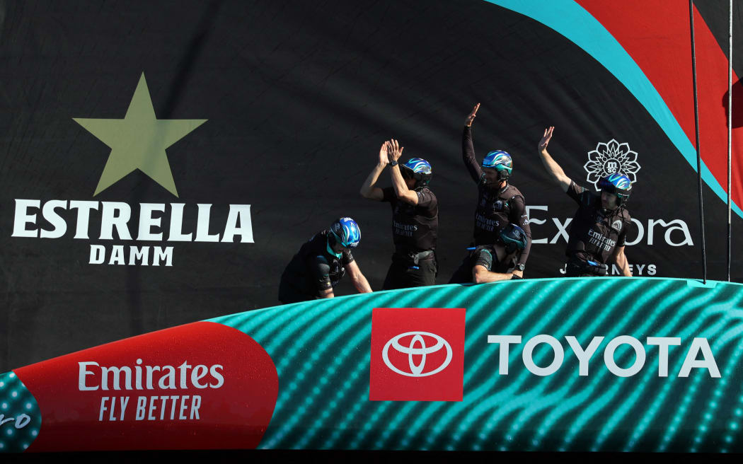 The crew of Emirates Team New Zealand celebrate winning the Louis Vuitton 37th America's Cup Match against Britain's Ineos Britannia (not seen), off the coast of Barcelona on October 19, 2024.