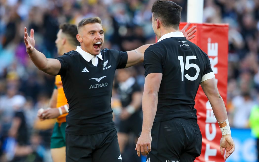 Will Jordan celebrates with Cortez Ratima after scoring. Wallabies v New Zealand All Blacks, 2024 Rugby Championship and Bledisloe Cup test match, Accor Stadium, NSW, Australia, Saturday 21st September 2024, Copyright Photo: David Neilson / www.photosport.nz