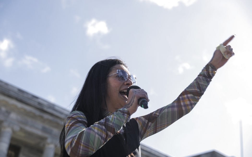 Wellington Central MP Tamatha Paul speaks to climate protesters at Parliament