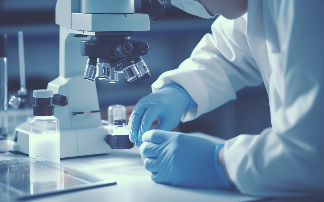 Generative AI : Asian doctor or scientist looking chemical sample on microscope in hospital laboratory for investigation with copy space Laboratory research concept close up