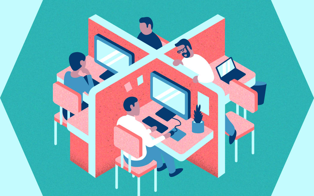 Stylised illustration an office worker spying into another's cubicle space