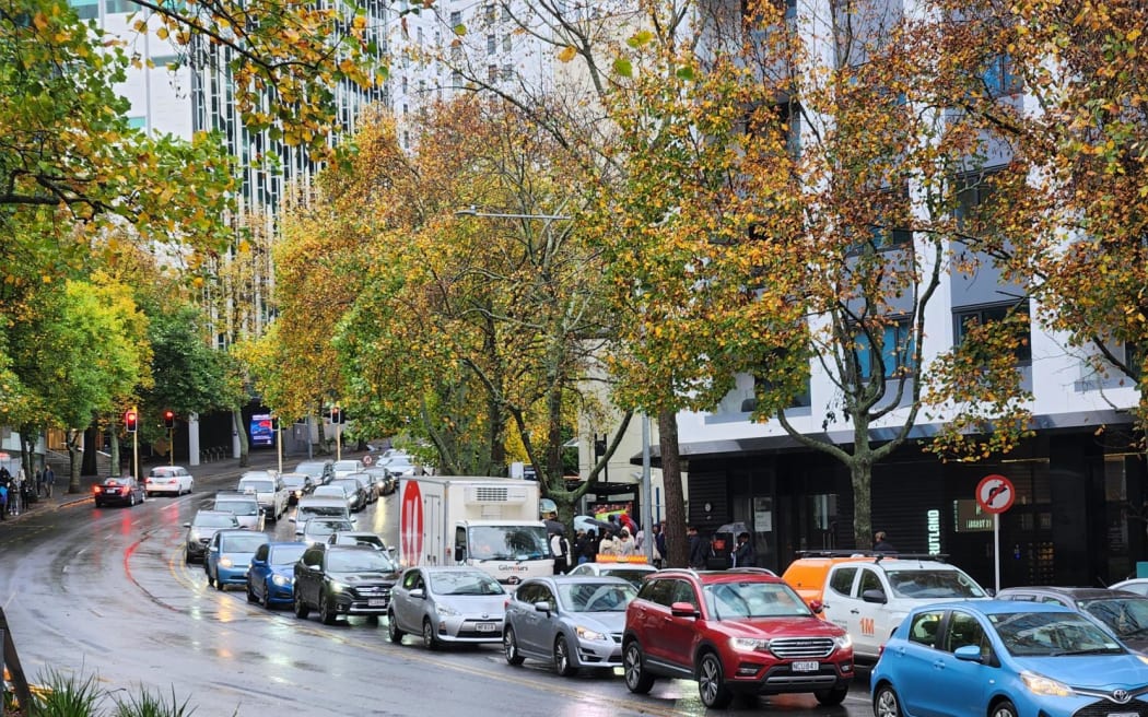 Cars stuck in gridlock traffic during heavy rain in Auckland on 9 May, 2023.