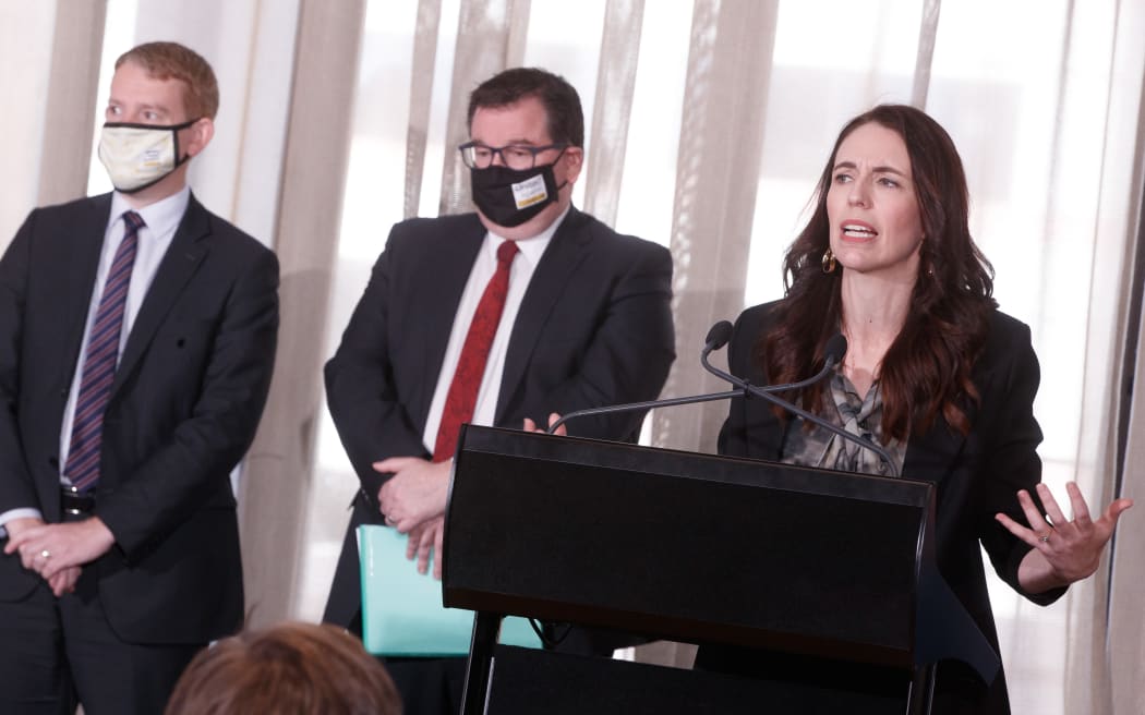 22102021 PHOTO: ROBERT KITCHIN/STUFF
L-R:  
Prime Minister Jacinda Ardern, Grant Robertson, Chris Hipkins, and Peeni Henare introduce a new âtraffic lightâ system when dealing with Covid-19 onwards.  The announcement was made in the Banquet Hall in Parliament.