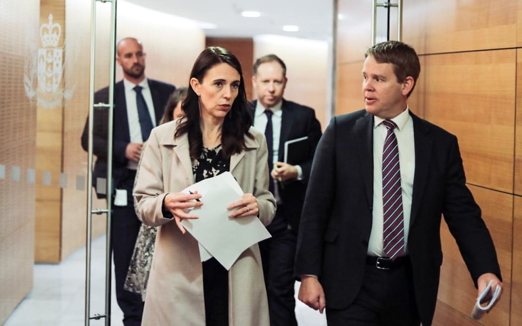 Prime Minister Jacinda Ardern and Covid-19 Response Minister Chris Hipkins heading to a post-Cabinet conference.