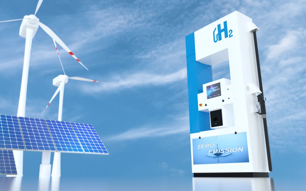 hydrogen logo on gas stations fuel dispenser. h2 combustion Truck engine for emission free ecofriendly transport. 3d rendering