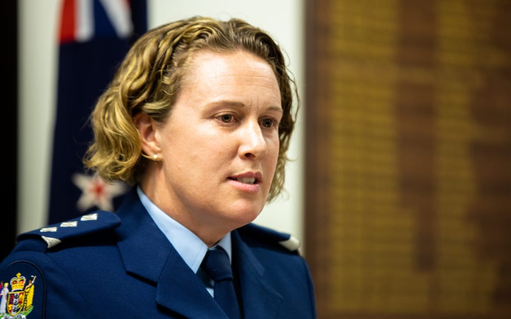 Hamilton City Area Commander Inspector Andrea McBeth speaks to media following the discovery of homemade explosive devices at Chartwell Shopping Centre on August 06 2020.