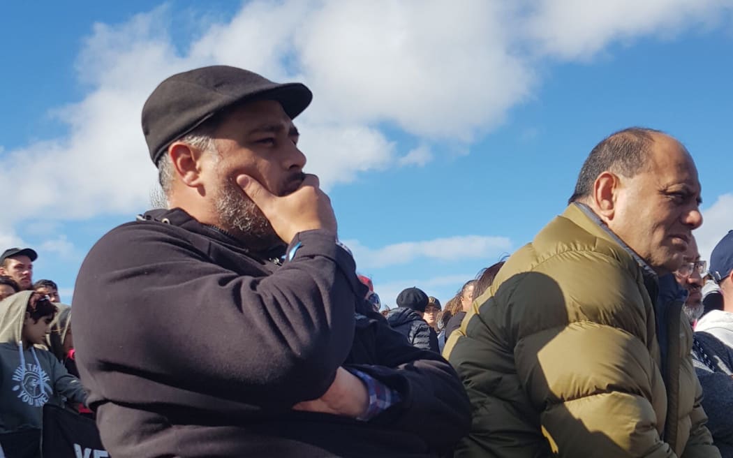 Peeni Henare, Labour MP for Tamaki 
Makaurau, listening to speeches directed at Maori MPs, at Ihumatao, Day 5.