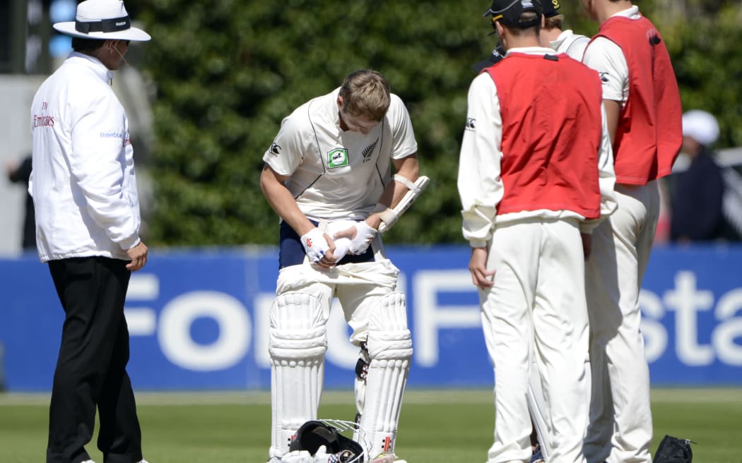Kane Williamson checks his box after being hit in the groin during the third Test versus South Africa at the Basin Reserve in 2012.