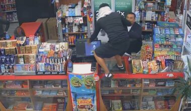 Moment Auckland shopkeeper chases off would-be robbers