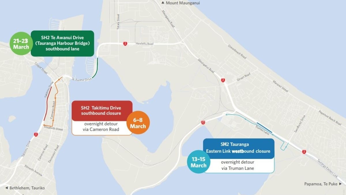 Tauranga SH2 maintenance: Dates, closures and detours for March work