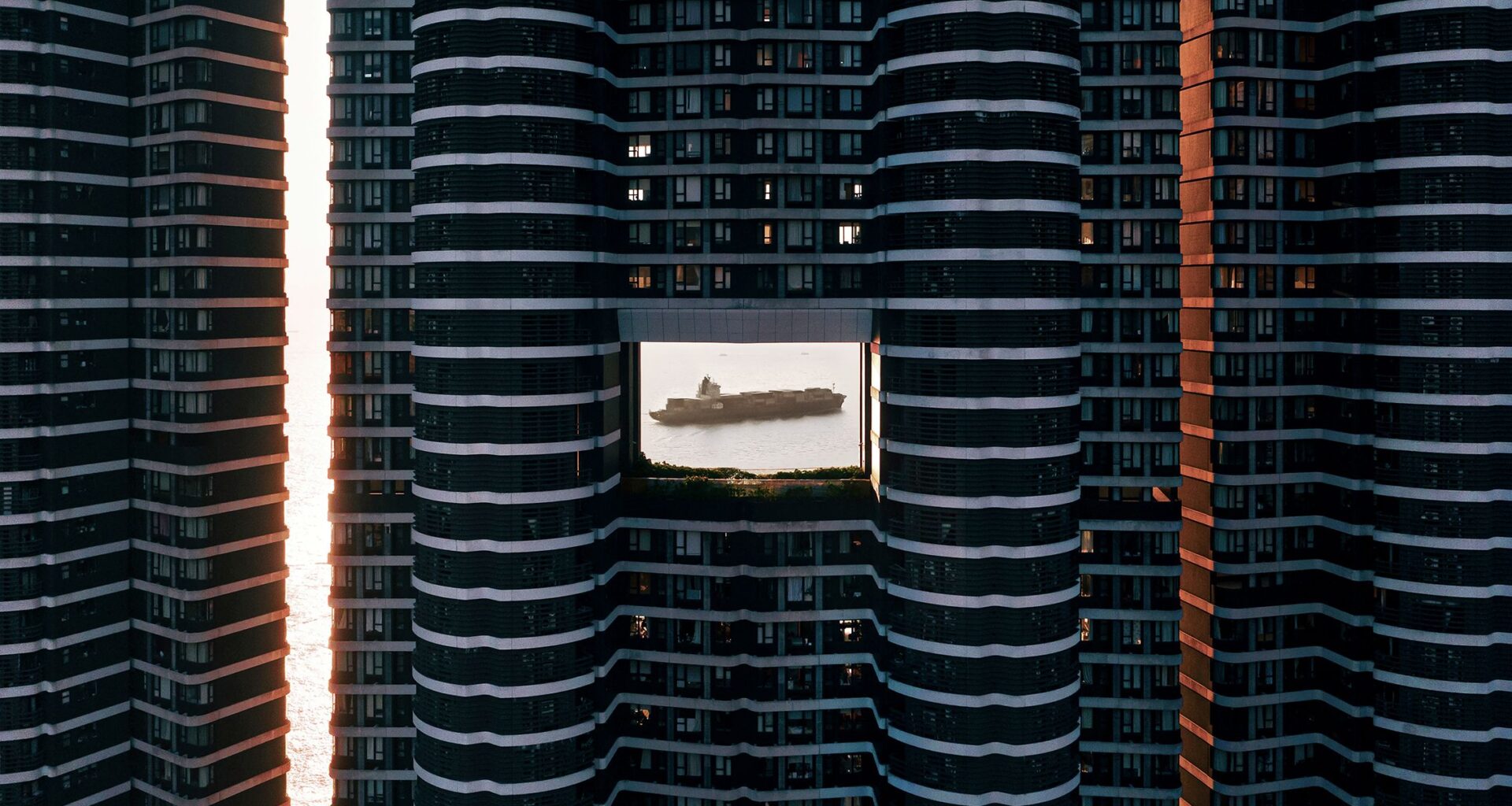 Stunning drone image of container ship passing Hong Kong's "dragon gate" could win top photography prize