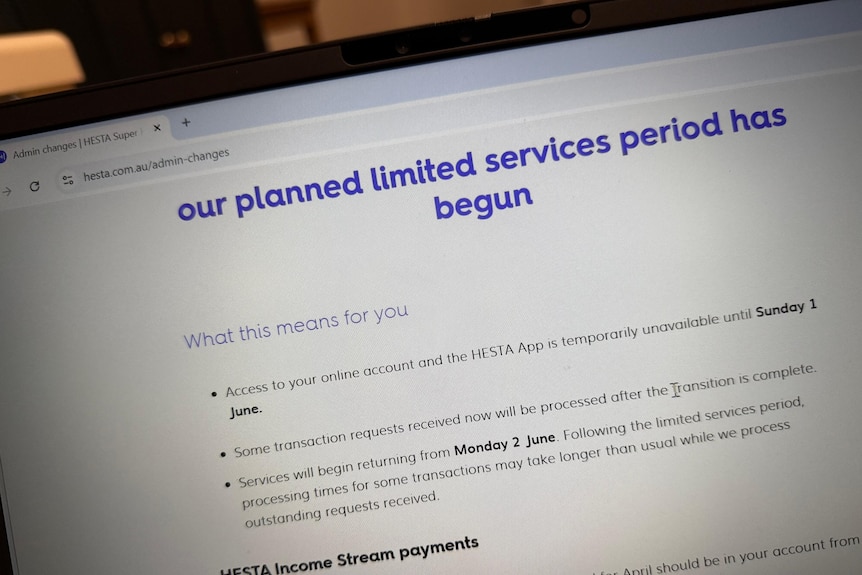 HESTA website displaying message about a planned outage.