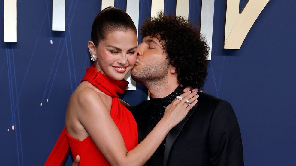 LOS ANGELES, CALIFORNIA - SEPTEMBER 14: (L-R) Selena Gomez and Benny Blanco attend the 77th Primetime Emmy Awards at Peacock Theater on September 14, 2025 in Los Angeles, California. (Photo by Frazer Harrison/Getty Images)