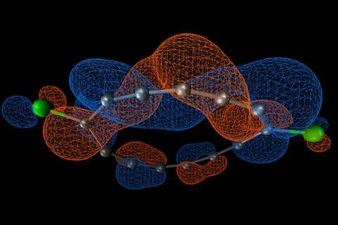 A 3D molecular structure of 13 carbons and two chlorine side groups. It shows how the space filling forces are twisting around each other and the ring.