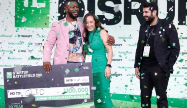 Kevin A. Damoa, Founder & CEO, Glīd, Claire Kroft and Ankit Malhotra, winners of the Startup Battlefield 2025, pose onstage during day three of TechCrunch Disrupt 2025 at Moscone Center on October 29, 2025 in San Francisco, California.