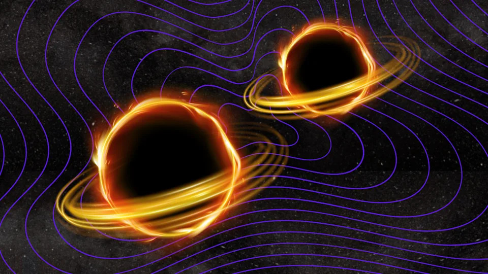 An illustration of colliding black holes setting the fabric of space ringing with gravitational waves.