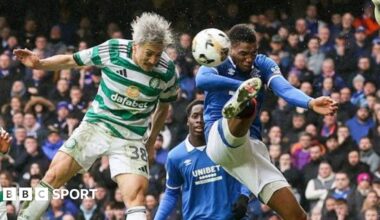 Celtic's Daizen Maeda heads the ball against Rangers