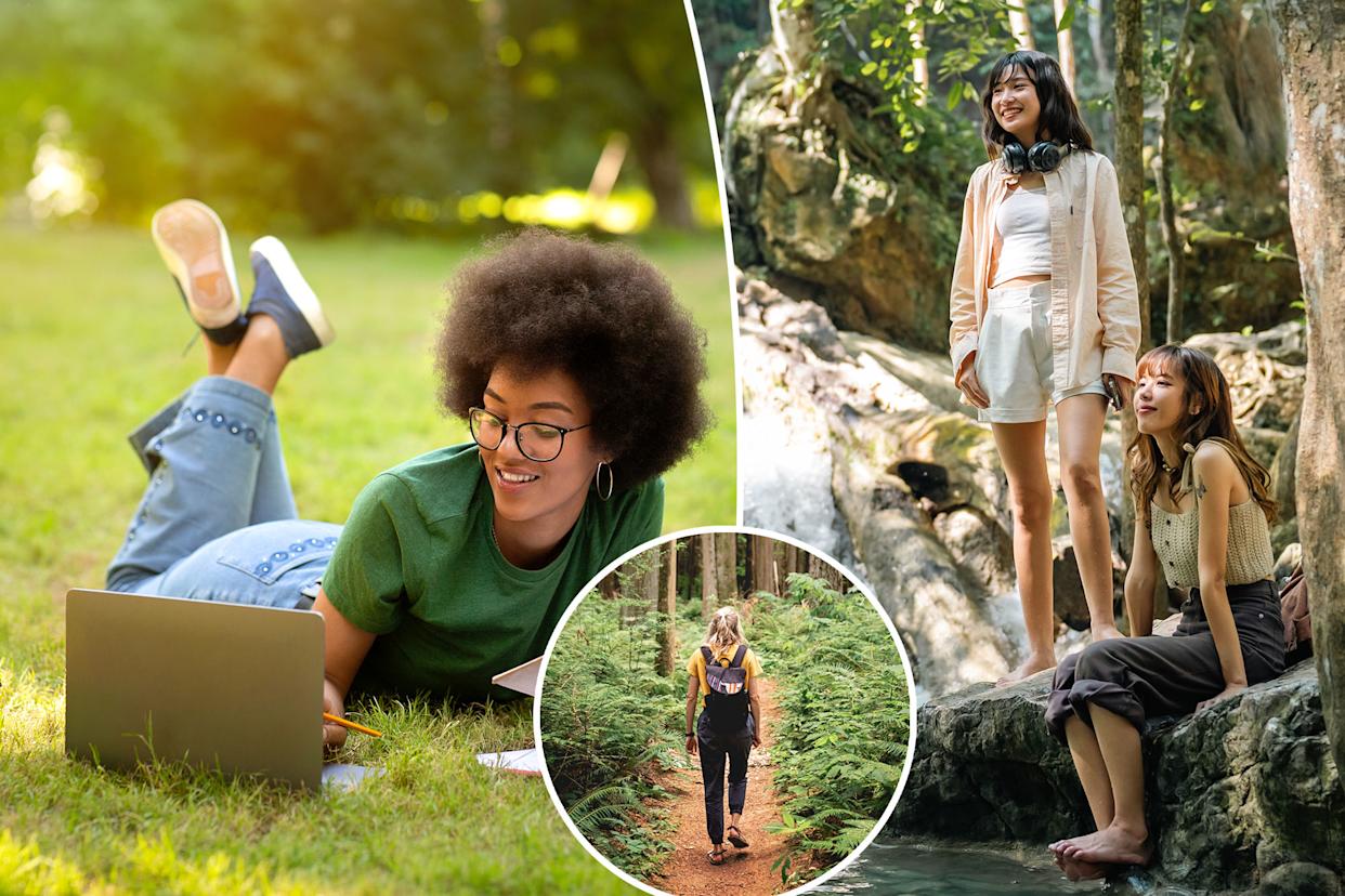 (Left) Woman relaxing outside. (Right) Women at waterfall. (Inset) Woman on hike.