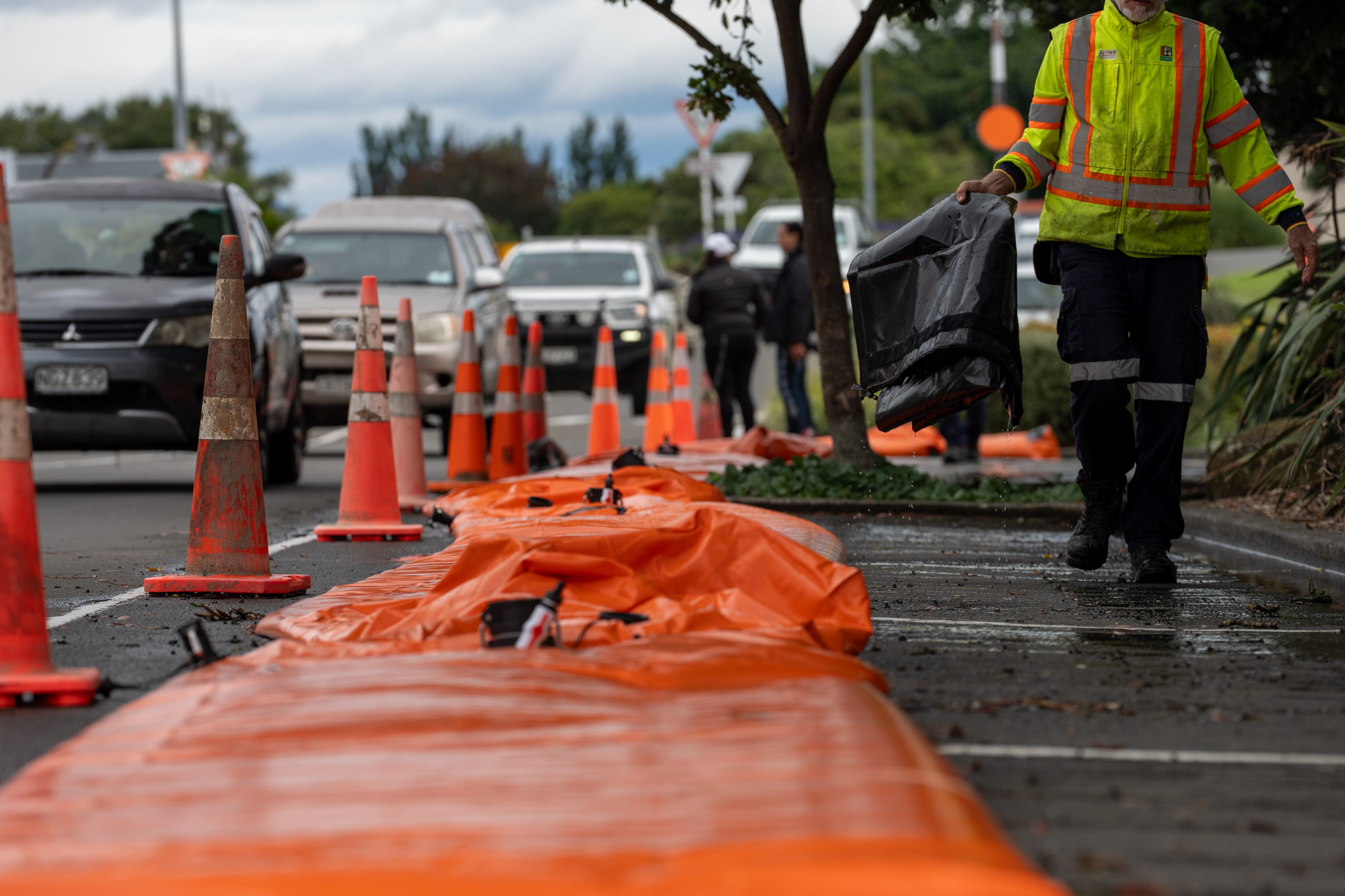 One of the new Ark flood barriers which was set up as a precaution in Wairoa. Photo / Annaleise Shortland