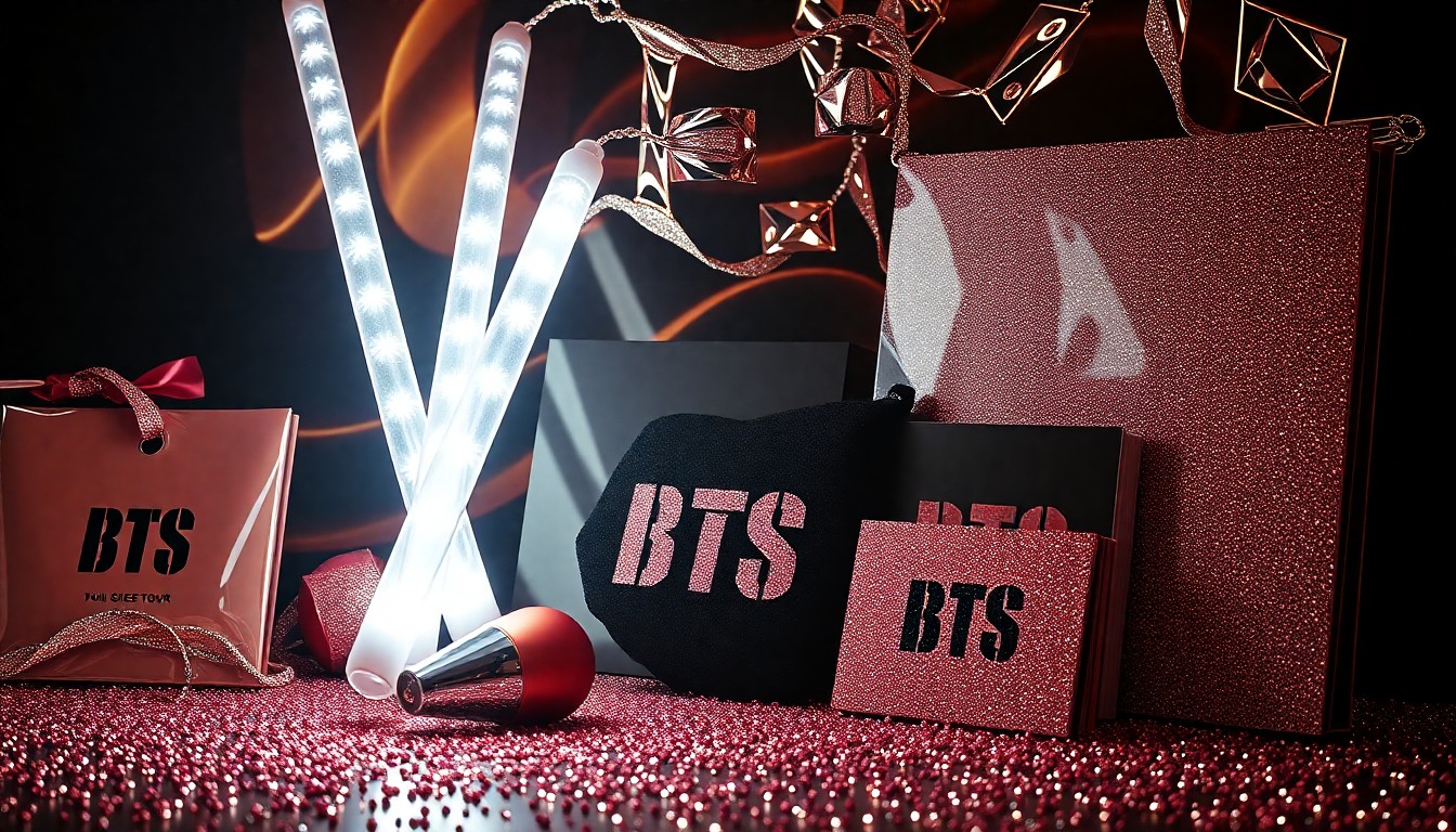 An extreme close-up photograph of shimmering, glittering BTS merchandise and fan goods, such as light sticks and album covers, captured with dramatic studio lighting to create a high-fashion, glamorous aesthetic.