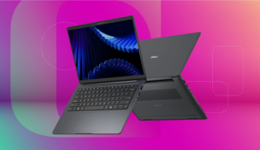 Front and back of the Dell Precision Pro 5 with a purple hue CNET background.