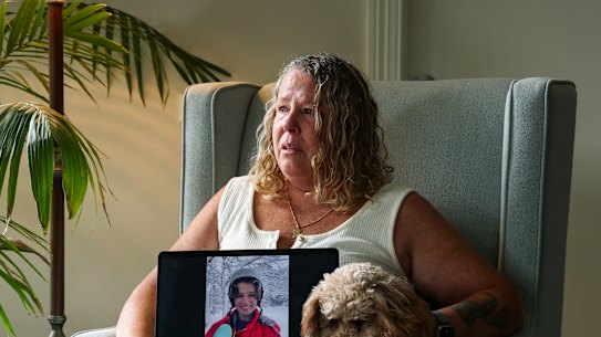 Lee Johnson, pictured with her child Bellamy Nieto’s dog Bluey. The mother has been left devastated by her child’s death.