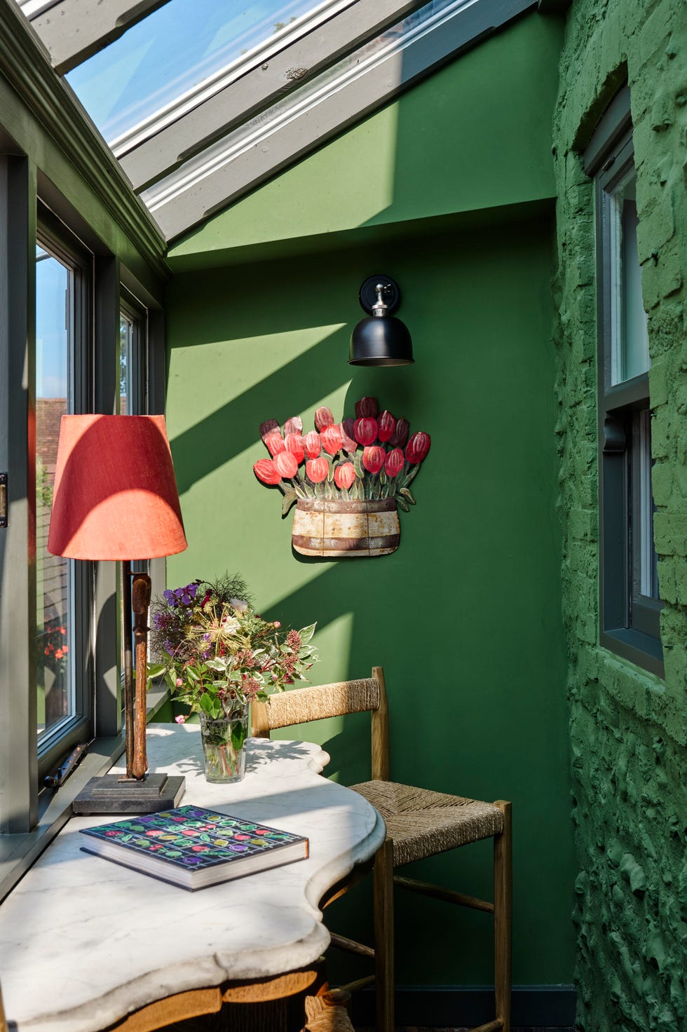Green painted extension with marble topped table green painted lean to extension with marble topped table