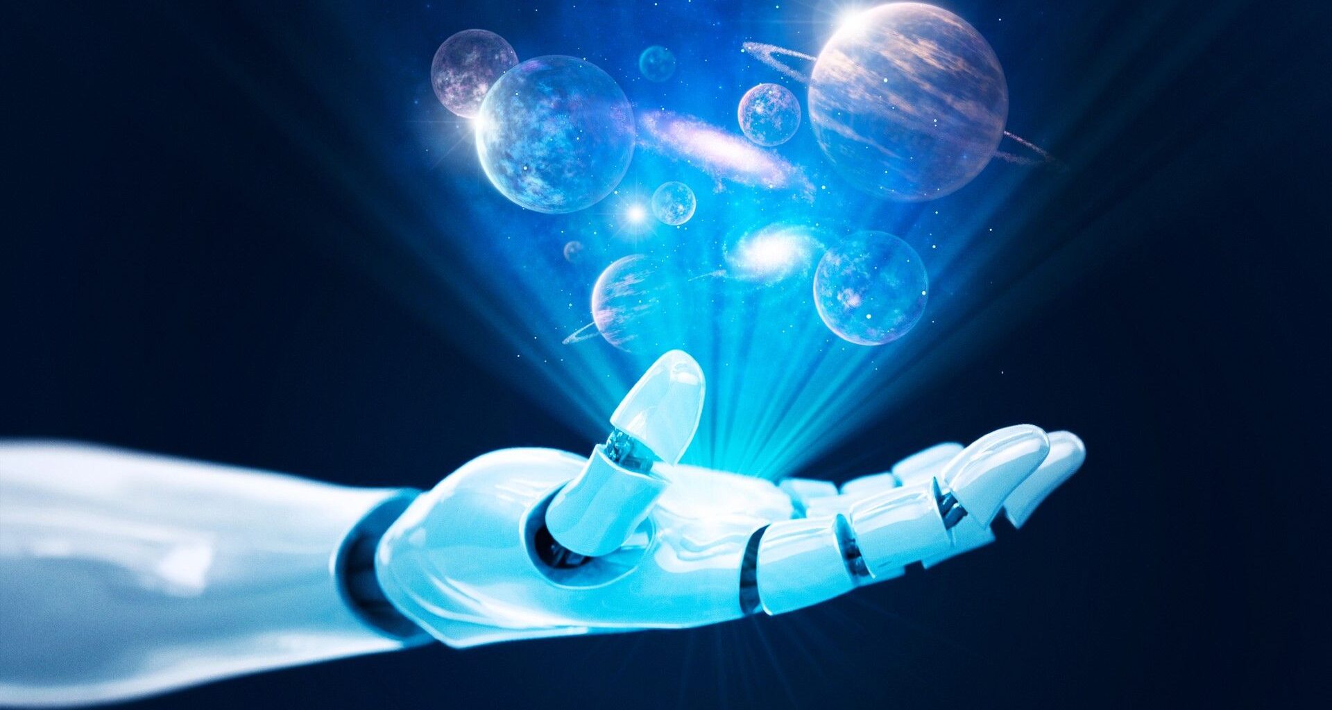 a white robotic hand projecting a holographic image full of planets and galaxies