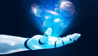 a white robotic hand projecting a holographic image full of planets and galaxies
