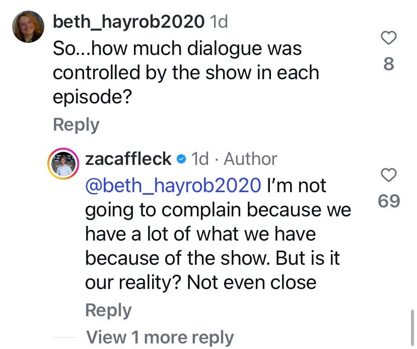 Comment thread discussing dialogue control in a show. Comment thread discussing dialogue control in a show.