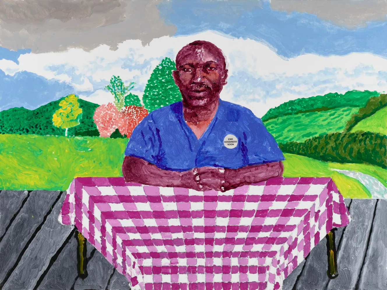 Illustration of Thomas Mupfupi at a pink and white checkered table with a landscape background.