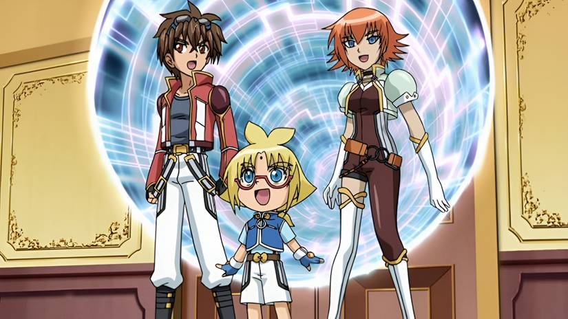 Three children look amazed after walking out of a portal in Bakugan Battle Brawlers