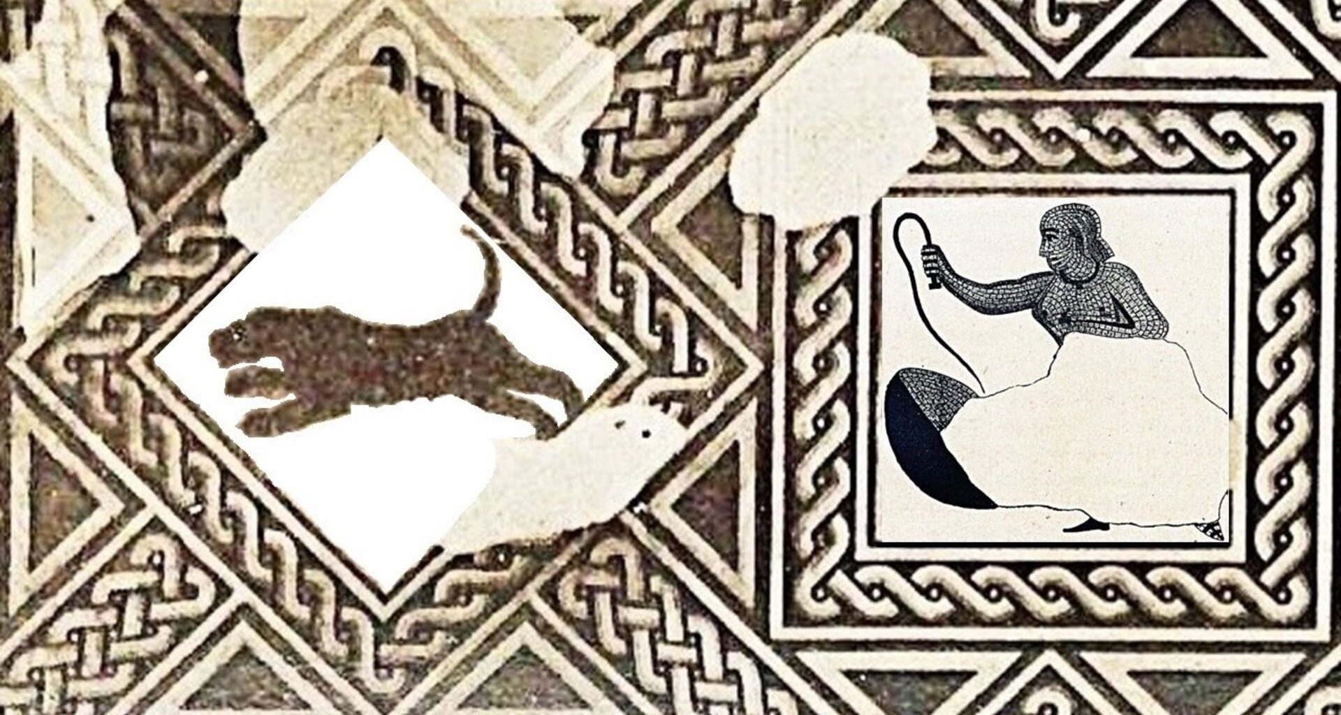 A mosaic shows a diamond cut out of a black leopard on the left and a woman wearing a white skirt holding a whip on the right.