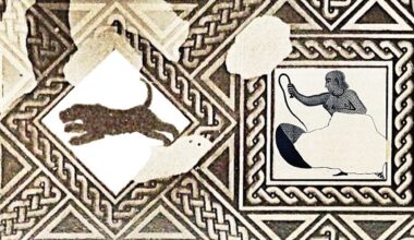 A mosaic shows a diamond cut out of a black leopard on the left and a woman wearing a white skirt holding a whip on the right.