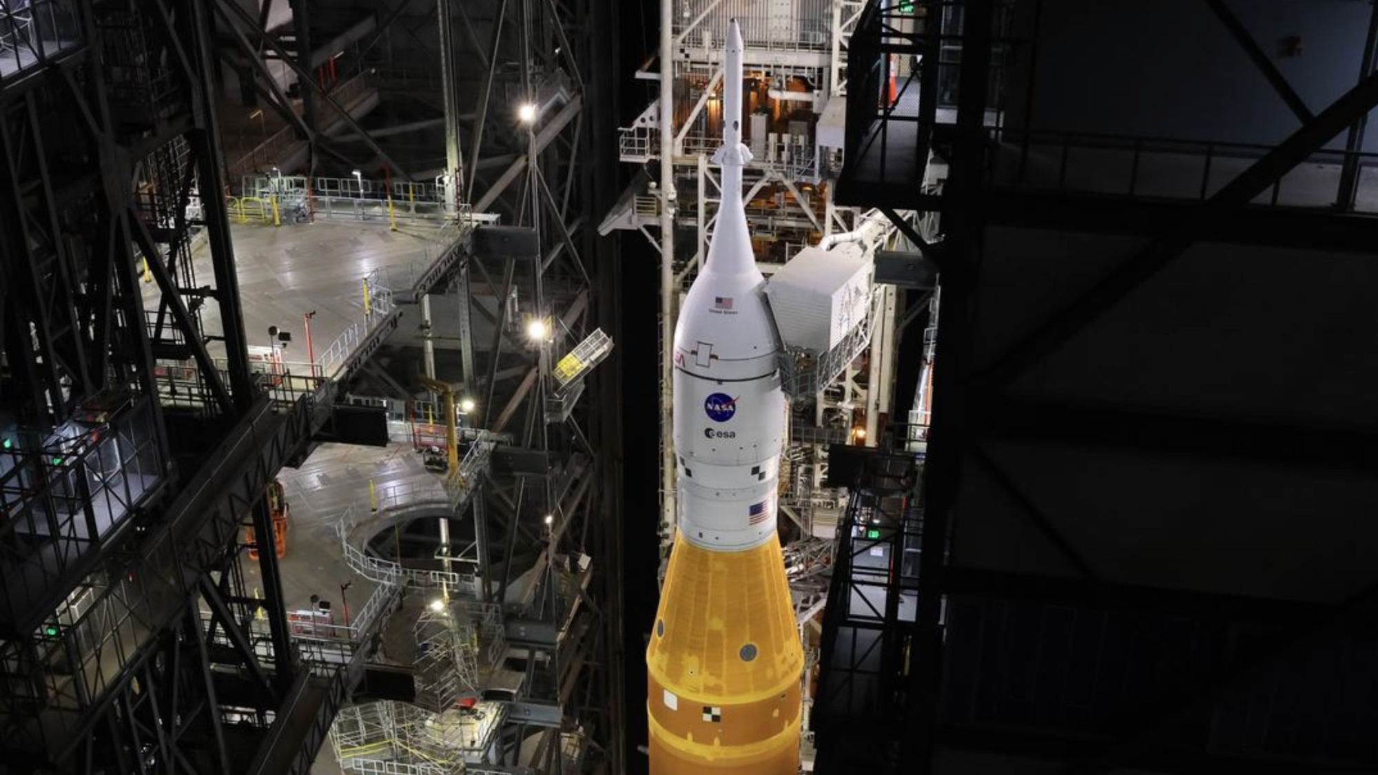 NASA's Artemis 2 moon rocket is seen inside the Vehicle Assembly Building at Kennedy Space Center in Florida on Feb. 25, 2026, after rolling back from the launch pad.