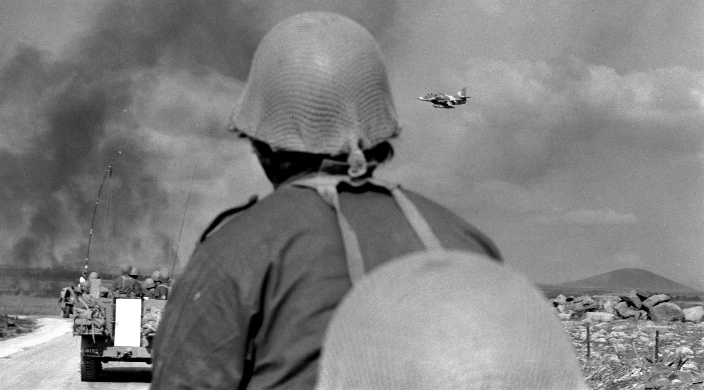 Israeli infantry advancing under air cover into battle on the Golan Heights in 1973.