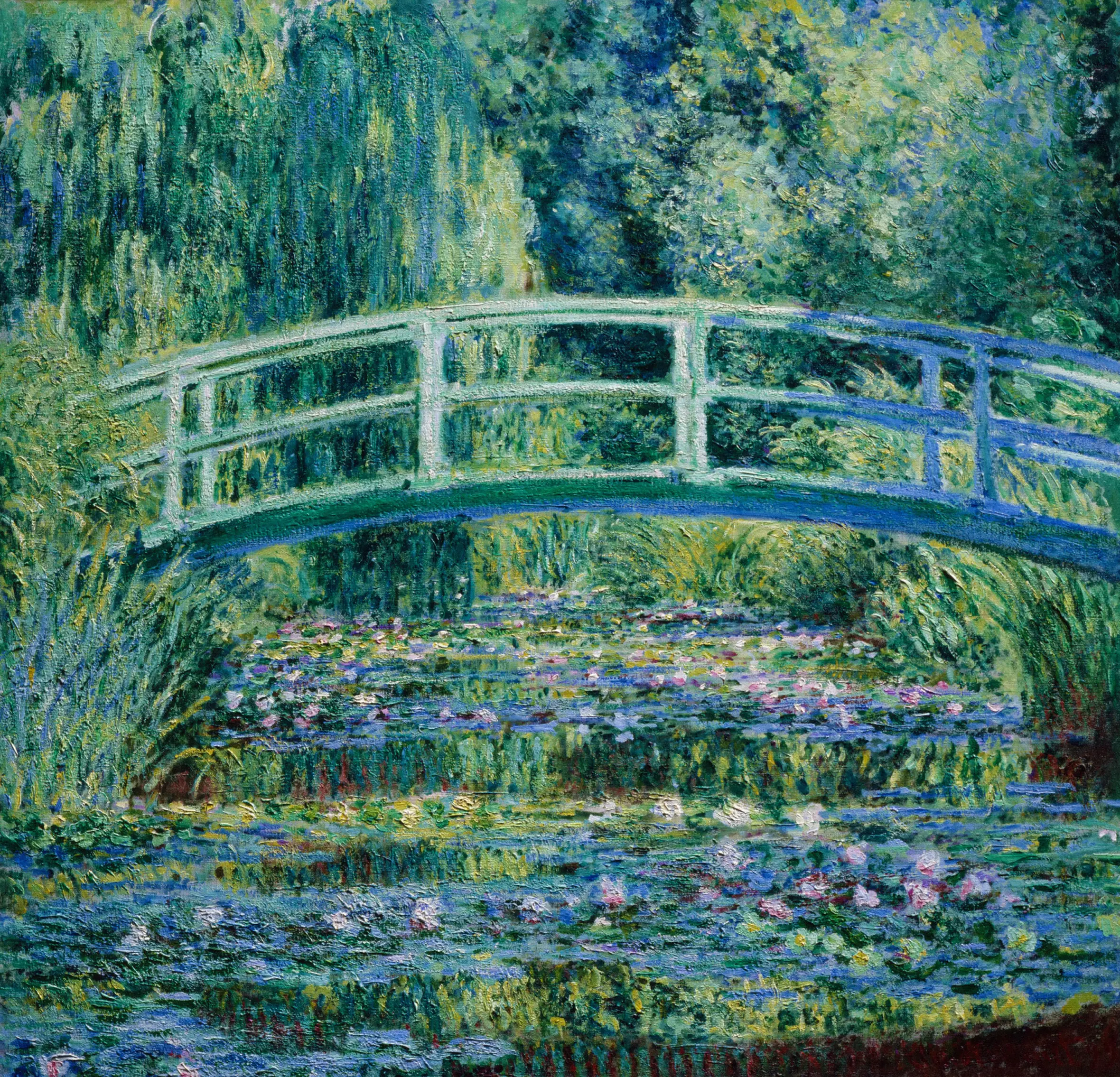 Illustration of Claude Monet's impressionist painting "Water Lilies and Japanese Bridge" featuring a green arched bridge over a pond filled with water lilies.