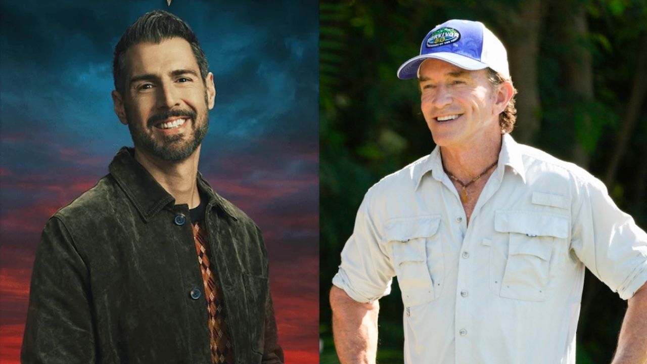 Rob Cesternino's promo photo for The Traitors and Jeff smiling on Survivor 50 side by side.
