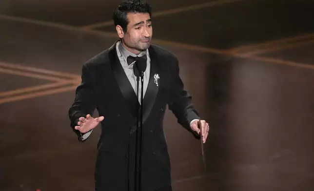 Kumail Nanjiani presents the award for best live action short film during the Oscars on Sunday, March 15, 2026, at the Dolby Theatre in Los Angeles. (AP Photo/Chris Pizzello)