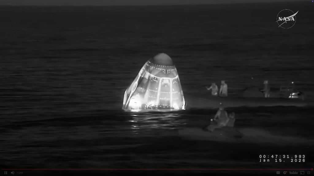 Recovery vessels approach Nasa’s SpaceX Crew-11 capsule after a middle-of-the-night splashdown near San Diego, California, in January. Photo: Nasa via AP