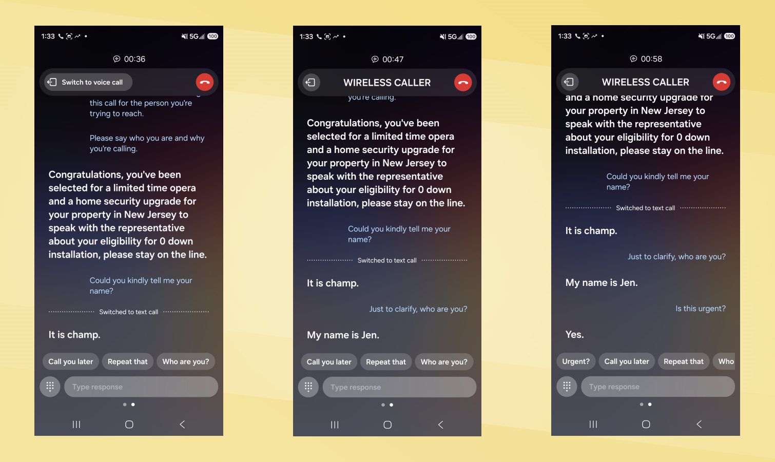 Galaxy S26 Ultra vs Pixel 10 Pro XL Call Screen screenshots.