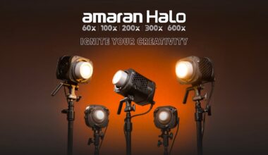 Five studio lights are illuminated against an orange background. Above them, white text reads “amaran Halo 60x 100x 200x 300x 600x” and orange text says “IGNITE YOUR CREATIVITY.”.