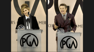 Amy Pascal and Jason Blum, each accepting the David O. Selznick Award and the Milestone Award, respectively, at the 2026 PGA Awards in Century City on February 28, 2026.