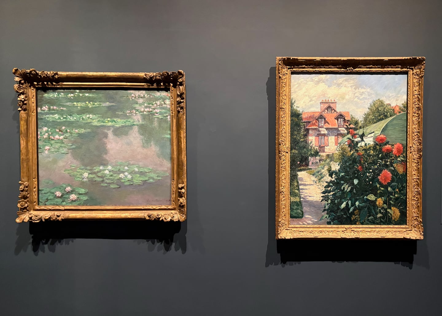 L: Claude Monet, "Water Lilies," 1905; R: Gustave Caillebotte,  “Les dahlias, jardin du Petit Gennevilliers,” 1893. Installed in "Framing Nature: Gardens and the Imagination" at the MFA. (Murray Whyte/Globe Staff)