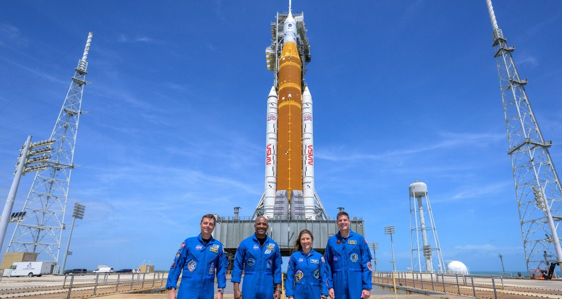 NASA's Artemis 2 astronauts pose with their Space Launch System rocket and Orion spacecraft at Pad 39B at the Kennedy Space Center in Florida on March 30, 2025