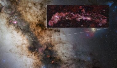 A large cloudy image of the Milky Way with an inset of the radio image showing its location in the larger image.