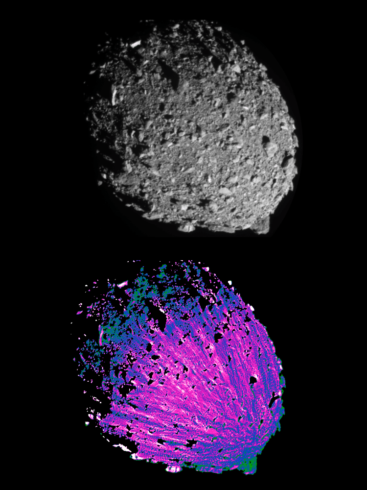 Corrected Lighting Unveils Subtle Fan Shaped Streaks On Dimorphos (bottom, Color), Hidden In The Original Image Taken 8.55 Seconds Before Impact (top)